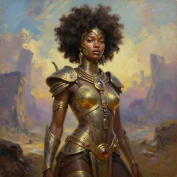 a beautiful oil on canvas of an afrofuturistic warrior, beautiful, stunning, ornate. great lighting. post - apocalyptic landscape in the background, epic sky, vray render, artstation,, pinterest, sci - fi, afrofuturism, 5 0 0 px models