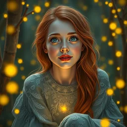 an amazed young woman surrounded by golden firefly lights in a mesmerizing scene, sitting amidst nature fully covered, intricate detailed dress, long loose red hair, precise linework, accurate green eyes, small nose with freckles, smooth oval shape face, empathic, bright smile, expressive emotions, hyper realistic ultrafine portrait by artemisia gentileschi, jessica rossier, artgerm