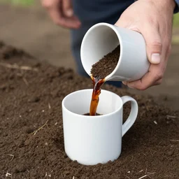 a man mixing soil from the farm ground into a coffee mug, close up photo