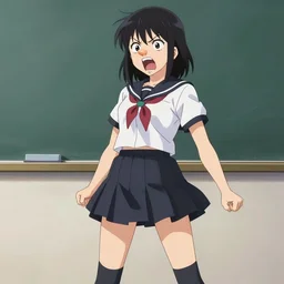 screaming school girl with huge nose, school uniform, seifuku, pleated miniskirt, overknee socks, battle angel alita. by rembrandt 1 6 6 7, illustration, by konstantin razumov, by william - adolphe bouguerea