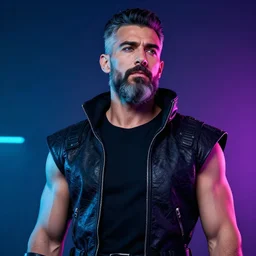 bust portrait of handsome proud man with short black hair with grey hair, very short full beard warrior, cyberpunk, fashion editorial photography, neon color scheme, waist up, low angle