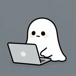 simple vector illustration of a cute and friendly ghost typing on a laptop