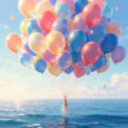 digital art of plenty of birthday balloons floating above the sea. artstation cgsociety masterpiece
