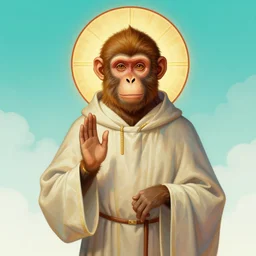 bizantine icon portrait of a monkey dressed as a priest, radiant halo, blessing pose, by greg rutkowski and alphonse mucha, d & d character, gradient cyan to white, painted clouds background, highly detailed portrait, digital painting, artstation, concept art, smooth, sharp focus ilustration, artstation hq