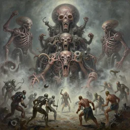oil paint of 1 1 horrifying machines as mollusk wearing flayed gods in tiers, colossal medical gangrene machines in tiers, dethroning by fog chemicals / we machines / melee, battle pit, by shigeru komatsuzaki, by alberto bontempi, basil gogos, jack kirby action, wayne d barlowe, stefano tamburini, torch light, muted