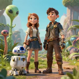 a girl and a boy standing next to some alien plants, looking happy, wearing steampunk clothes, their pet droid is nearby, in a park on a alien planet, ultra realistic facial details, enhanced faces, ultra photorealistic raytracing, trending on artstation, 8k