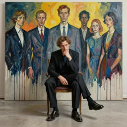 portrait of an actor sitting in a chair contemplating, art by james jean and luc tuymans and vincent lefevre and hernan bas and pat steir and hilma af klint, psychological, dripping paint, high quality render, cg society contest winner, retrofuturism, masterpiece