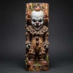terror clownvamp totem made in carved mossy wood, realistic and ultra detailed, texturized, indirect volummetric light, mask effect layer, sharpen and antialiased