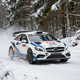 a 2 0 0 9 mercedes - benz a 2 0 0 turbo, racing through a rally stage in a snowy forest