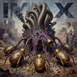 painting of varied filthy rugated, disgusting fantasy drag race, giant ticks made of brass, ornate purple veins covering,, smoke exhaust pipeclustered by vincente b ballestar, by francesco blanc, & by jack gaughan high resolution, hyper detailed, cinematic, ornate masterpiece, shot on imax with full frame on signature prime lens