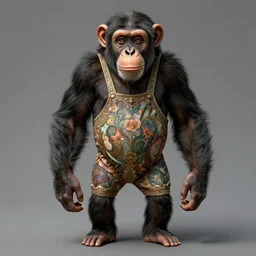 chimpanzee with a detailed face and eyes, long fur, wearing a flowery romper, long legs, fantasy, intricate, full body shot, detailed, highly detailed, digital painting, artstation, concept art, wallpaper, smooth, sharp focus, realistic photo by artgerm and greg rutkowski and alphonse mucha