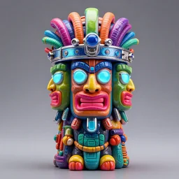 photo of a colored shiny claymodel of a three faced steampunk tiki with three faces, wearing a glowing blue and silver metallic aztec futurism helmet with multicolored tubes and shiny metallic devices, 3 d render, crisp, 8 k, fluorescent colors, insanely integrate, nikon photography