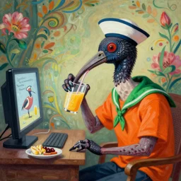 a beautiful painting of an ibis in a sailor hat, wearing an orange and green shirt, drinks juice, and watches tv, inspired by cyril rolando, david wiesner, ornate, intricate, trending on artstation, octane render, volumetric lighting, hypermaximalist