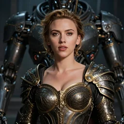 portrait of scarlet johansson as warrior of dark futuristic robotic world, by jan van eyck, h r giger, mysticism, intricate, highly ornate dark gold trim armoury