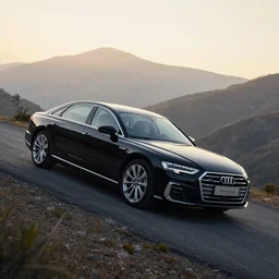 a black 2020 audi a8 climbing a mountain in the morning, car photography, 4k professional photo