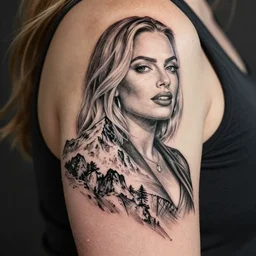 mash up tattoo sketch of margot robbie in the shape of beautiful mountains, double exposure effect, in the style of arlo dicristina, hyper realism, amazing detail, sharp