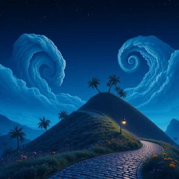 blue hour, moonlight night stars, curled perspective digital art of spiral clouds cobblestone street with wildflowers top of a hill with spiral palmtrees by anton fadeev from nightmare before christmas. horton hears a who!