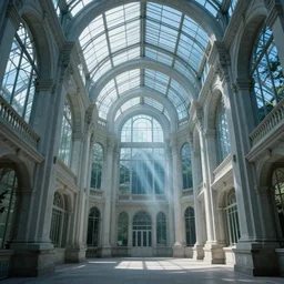 hyper realistic interior photo of a giant victorian greenhouse with white concrete brutalist structure, style of simon stalenhag and alphonse mucha, volumetric light rays, cinematic and blue cold atmospheric, archillect concept art, artstation, epic matte painting by weta digital