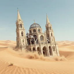 A mechanical royal cathedral sinking into sand dunes, satisfactory screenshot, digital art, artstationhq, by Charles Sheeler and Jordan Grimmer and Victor Mosquera