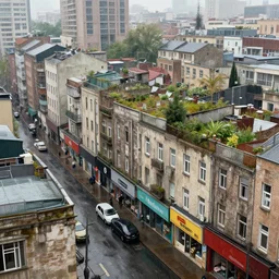 view from the street level, shows a dense cityblock, ground floor shops, residential apartments, rooftop garden. rainy atmosphere. sharp focus, smooth, hd, detailed, decayed, digital painting trending on art station, wlop
