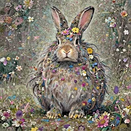 a very fluffy rabbit with long hairs and flowers in them, flower petals flying around in the background, art by James Jean and Wayne Barlowe, high detail, cinematic, cgsociety 8k