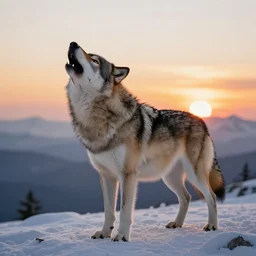 A wolf howling on a snowy mountain, photo realistic, well detailed, with a sunset