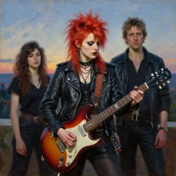 Redhead punk girl wearing punk leather jacket playing electric guitar at dusk, oil painting by Lawrence Alma-Tadema and Fernanda Suarez and Edgar Maxence, masterpiece