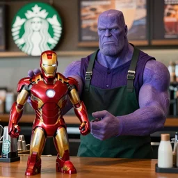 thanos as a starbucks barista, serving iron man