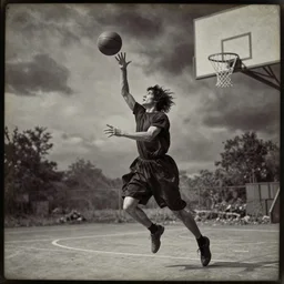 Nosferatu dribbling a basketball, daguerreotype