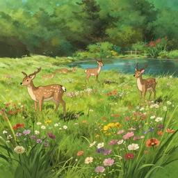flowery meadow with a few deers and a pond and background forest, evening, highly detailed, low angle view, studio ghibli, artstation