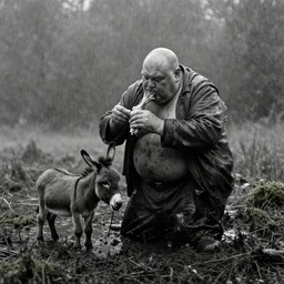 movie still by tarkovsky of one giant obese old bald man in dirty clothes eating a leg of lamb with one tiny donkey in a swamp, mossy, by night, cinestill 8 0 0 t 3 5 mm b & w, heavy grain, high quality, noir, natural textures, photorealistic, ambient occlusion, hd, mud, fog, heavy rain