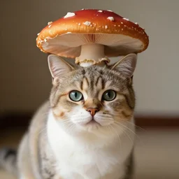 a small domestic housecat with a broad mushroom growing atop its head