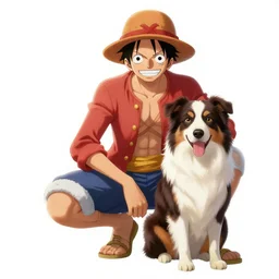 luffy from one piece with an australian shepard, on artstation