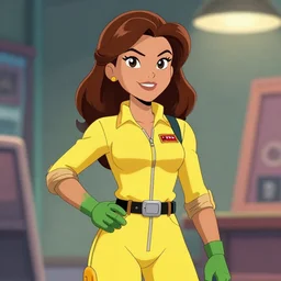 beautiful brown hair female reporter in a yellow jumpsuit character april o ’ neil from animated series teenage mutant ninja turtles ( tmnt 1 9 8 7 ), by in the style of comics x - man,, trending on art station