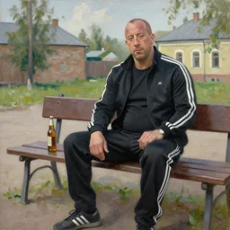vin diesel in an black sport adidas suite sits on a bench with a bottle of beer in the courtyard of a provincial russian town, oil on canvas, naturalism w