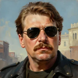 high detail portrait oil painting illustration of Joseph Stalin in sunglasses, scenic background, dramatic, action hero, 80s movie, artstation, high quality