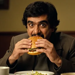 a film still of Borat eating a burger, dramatic lighting