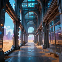 a beautiful photorealistic highly detailed corridor industrial architecture nature by john william casilear, at fall vice city liberty city uv light desert bladerunner 2 0 4 9 atlantis crystal biopunk elysian lake anime made of glass, archdaily, wallpaper, highly detailed, trending on artstation.