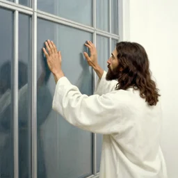 giant jesus knocks on the windows of the un skyscraper, drawn by francis bacon
