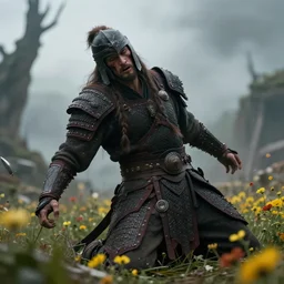 epic warrior dying with flowers, sharp focus, hd