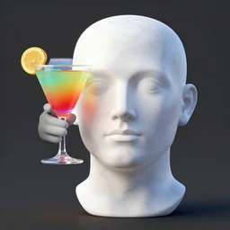 a 3 d white marble human head holding a coctail, colorful coctail, digital illustration, 3 d render, amazing detail