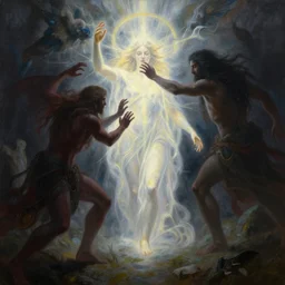 there stands a benevolent celestial being in the midst of a horizontal scene. evil and badness attack the celestial being from one side, but from his other side emerges light and life. the celestial being is a conduit. a celestial being protects light from darkness. light and life emanate from the celestial being | painting by craig mullins
