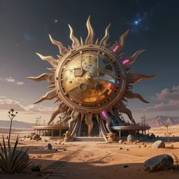 a beautiful very detailed render of architecture building urbex sun disc unfinished building nature industrial architecture by john william casilear, neon signs fisheye desert cgsociety alien at dawn lake apocalyptic cosmic nightsky elysian nightvision postcyberpunk, archdaily, wallpaper, highly detailed, trending on artstation.