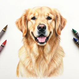 finished 4 years old drawing of a golden retriever, crayons. high details, photorealistic, artstation trending