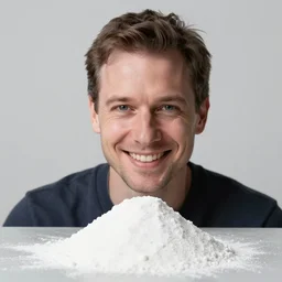 Christoph Daum smiling at a pile of white powder, 50mm f 1.8, award winning photograph