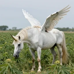 a tye - die unicorn with wings eating in a field of marijuana, wildlife photography, 8 k, highly detailed