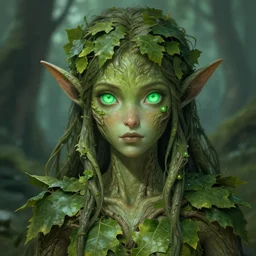 A realistic anime portrait of a beautiful dryad with glowing green eyes and tree bark skin wearing clothes made of leaves, from Skyrim, digital painting, by Stanley Artgerm Lau, Sakimichan, WLOP and Rossdraws, digtial painting, trending on ArtStation, SFW version