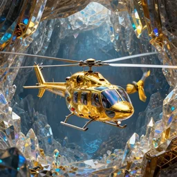 a futuristic helicopter with golden canopy hovering in a massive crystal cavern, 4 k, hyper realistic, coherent design, symmetrical, vivid colour, complementary colour, golden ratio, detailed, sharp lines, intricate, rainbow shift, in unreal 3 d engine, ray tracing, octane render