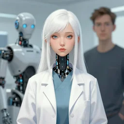 a portrait of a white haired robot scientist girl by krenz cushart and wlop and stephan martiniere