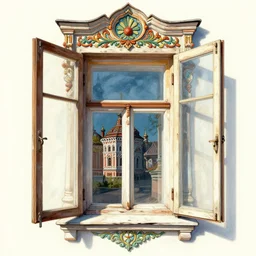 digital illustration of a beautiful window open front view, aesthetic, ornate, russian style, colorful architectural drawing, behance contest winner, vintage frame window
